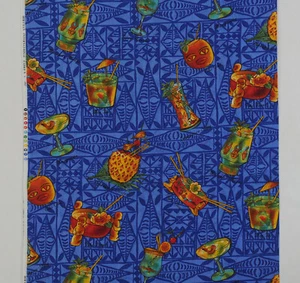 HAWAIIAN TIKI DRINKS & BOWLS with NAMES COTTON FABRIC BLUE TAPA BACKGROUND NEW - Picture 1 of 2