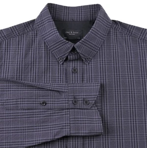 Rag & Bone Made in USA Charocal Gray Plaid CHeck Cotton Button Up Casual Shirt L - Picture 1 of 8