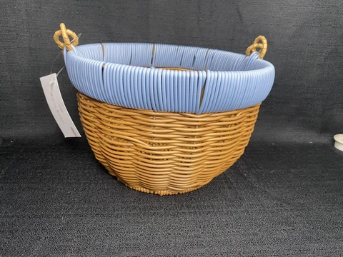 Round 8"x 5" Woven Basket with Loop Handle Brown/ Baby Blue Cover