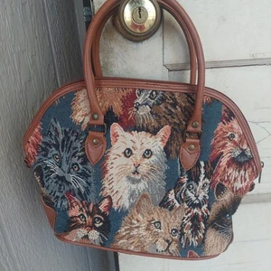 Vintage Katze Umhängetasche Gobelin Leder - Bild 1 von 10