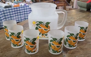 Vintage 7pc Hazel Atlas Orange Anthropomorphic Juice Serving Set - Picture 1 of 7