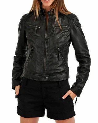 Women Genuine Black Lambskin Leather Motorcycle Slim Fit Biker Jacket Handmade - Image 1 of 4
