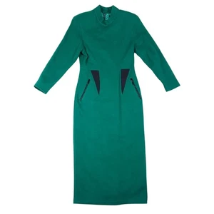 Maxi abito vintage verde smeraldo finto collo aderente manica lunga taglia M misto lana - Foto 1 di 11