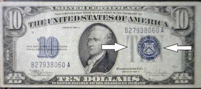 1934c ERROR 3rd Print Shift $10 SILVER CERTIFICATE VF + Note Currency  NR - Image 1 of 4