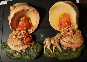 Pair Big Bonnet Blond Girls Chalkware Feeding Lamb Watering Flowers Polka Dot - Picture 1 of 12