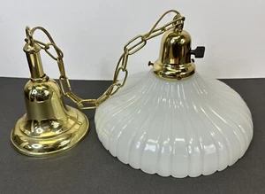 Art Deco Pendant Ceiling Light White Glass Shade Industrial Brass Lamp Restored - Picture 1 of 11