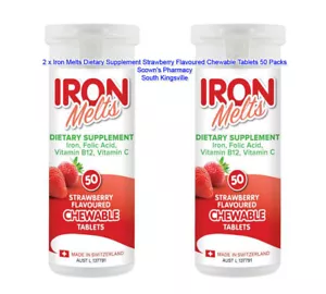 2 x Iron Melts Dietary Supplement Strawberry Flavoured Chewable 50 Tablets =100 - Picture 1 of 5