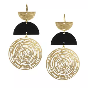 Large Black & Gold Lightweight Boho Abstract Statement Earrings, 18K Gold Wires - Picture 1 of 5