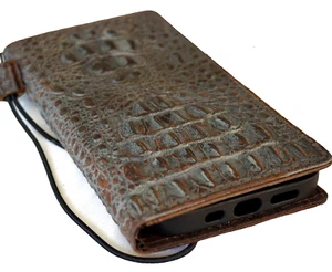 Echtleder Hülle für iPhone 14 13 12 15 Pro Max Geldbörse Buch XR Alligator Kunst - Bild 1 von 10
