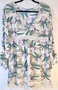 Camiseta túnica Antonio Meloni talla L estampado tropical floral con detalles de ganchillo cuello en V - Imagen 1 de 5