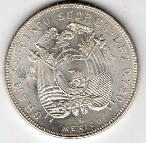 ECUADOR  5 SUCRES  1943  MEXICO Large Brilliant Uncirculated Silver Coin  LUSTER Cover