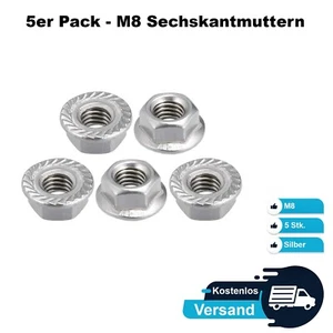 5er Pack - M8 Gerändelte Flansch Sechskantmuttern, Verzinkter Stahl - Bild 1 von 2