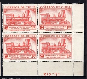 CHILE 1954 First Train South America 1p red MNH railroad block of 4 corner sheet - Picture 1 of 1