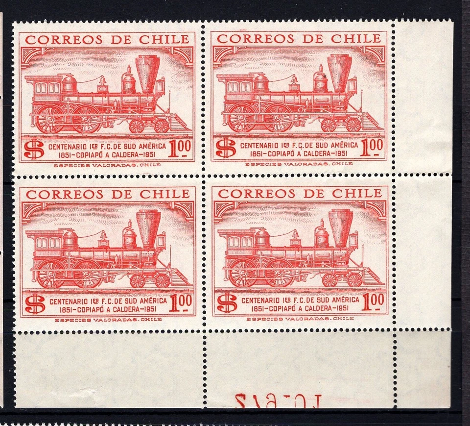 CHILE 1954 1st Train South America 1p red MNH block 4 low right corner sheet - Image 1 of 1