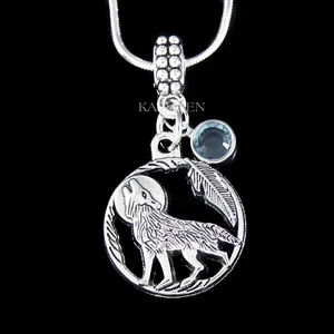 ~Howling Wolf Full Moon Feather Birthstone Necklace Unisex Jewelry Birthday Gift - Picture 1 of 8
