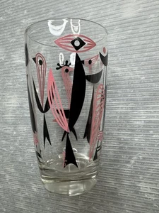 Vaso de vidrio vintage MCM Dyball Atomic Bird rosa y negro Highball - Imagen 1 de 14