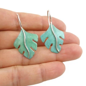 Taxco Copper Patina 925 Silver Womens Earrings Solid Two Tone Leaf Drops - Picture 1 of 5