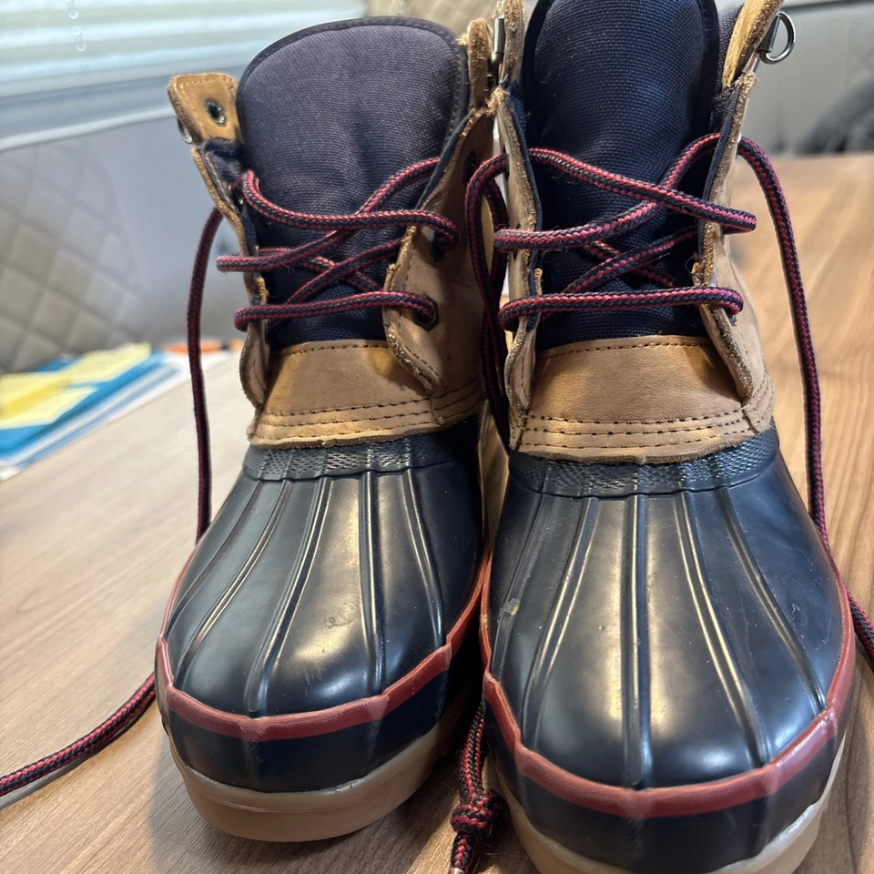 Botas de Lluvia Para Mujer Talla 8M LANDS END Botas de Pato Goma Tostado/Azul Marino Cuero Con Cordones Foto 1 de 4