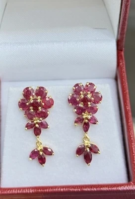 14k Solid Yellow Gold Flower Dangle Stud Earrings, Natural Ruby 3.68 Grams - Image 1 of 4