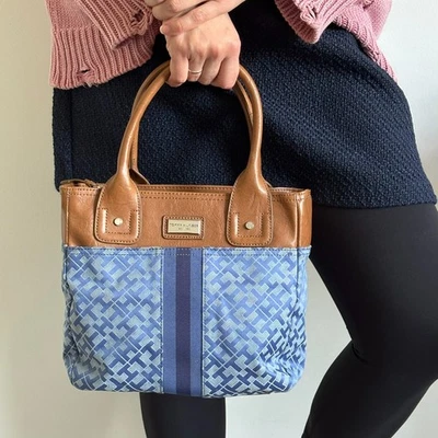 Tommy Hilfiger Blue Brown Satchel Bag Canvas Faux Leather Monogram Logo Preppy - Image 1 of 4