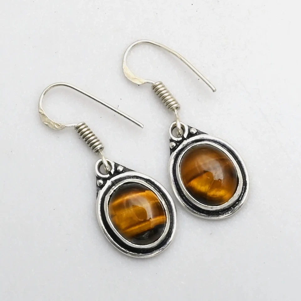 Pendientes colgantes hechos a mano con piedras preciosas ojo de tigre joyas para mujer 1,2" AE-13258 Foto 1 de 1