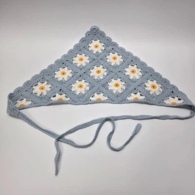 Handmade Crochet Daisy Bandana Scarf Headband Blue White Yellow Headkerchief - Image 1 of 4