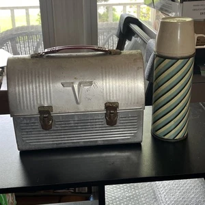 Thermos brand V Dome Lunch Box Silver Aluminum King Seeley With Thermos - Picture 1 of 12