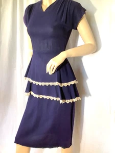 Vestido de Día Peplum De Colección Años 50 Manga Gorra Azul Crepe Años 50 Cuello en V Carrusel S - Imagen 1 de 10