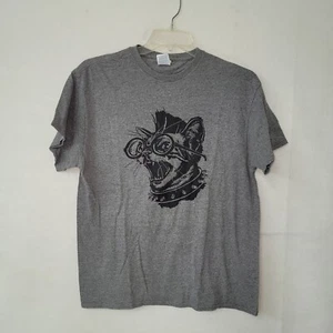 Punk Rock Cat TShirt Adult L Grey Mohawk Stud Collar Glasses Graphic Tee Delta - Picture 1 of 9