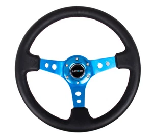 NRG® 350mm 3" Deep Black Leather Reinforced Sport Steering Wheel W/3 Blue Spokes - Imagen 1 de 3