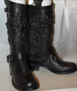 38/8❤️VALENTINO BORCHIE IN PELLE NERA BIKER EQUITAZIONE MOTO STIVALI ALTI AL GINOCCHIO - Foto 1 di 12
