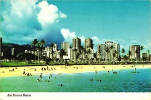 Waikiki Hotels Ala Moana Park Beach Scene Honolulu Oahu Hawaii HI Postcard Vtg - Picture 1 of 2