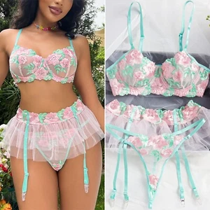 Sexy Lingerie Embroidery Skirt Sleepwear Bra Thong Underwear Set Garter Belt US - Picture 1 of 68