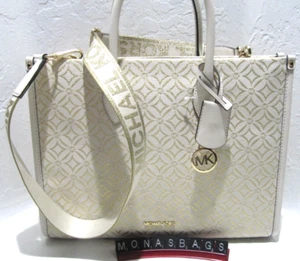 Michael Kors Mirella Medium EW Metallic Logo Jacquard Tote Bag LT Cream & Gold - Picture 1 of 10