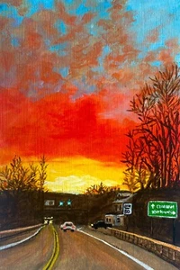 Pintura acrílica paisaje paisaje paisaje pequeño viaje por carretera amanecer pequeño arte original 4 x 6 pulgadas - Imagen 1 de 7