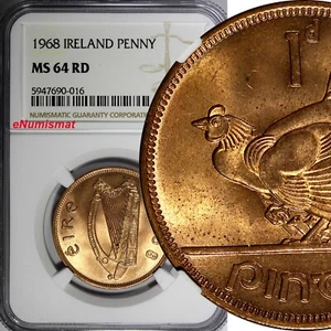 Ireland Republic Bronze 1968 Penny NGC MS64 RD NICE RED Hen with chicks KM11 (6) - Picture 1 of 4