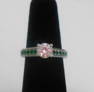 SILVER ROUND CZ SOLITAIRE RING GREEN CZ ACCENT STONES SIZE 6.25 - Picture 1 of 3