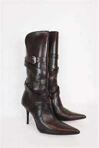 Michael Kors Wrap Strap Knee High Boots Caddy Dark Brown Leather Size 8