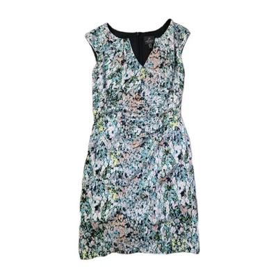 Adrianna Papell Cap Sleeve Knee Length Ruched Waist Blue Dress Monet Floral Sz 6 - Image 1 of 4