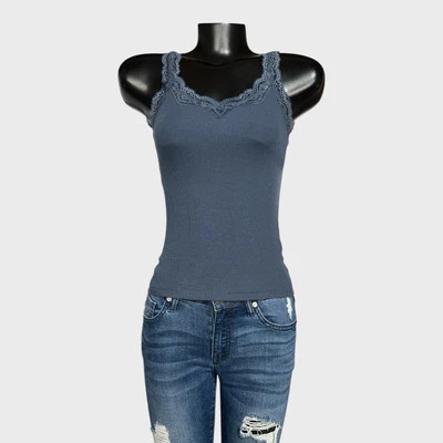 SO The Favorite Tank NEW Ribbed Cami Blue Lace Trim Camisole sz XS NWT Top Shirt - Image 1 of 4