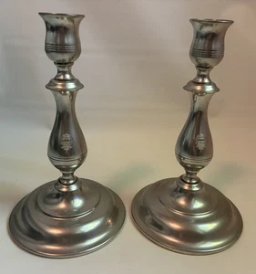 Vintage Pair of Kirk Stieff Pewter Candlestick Holder stamped DuPont 7.5” Tall - Picture 1 of 9