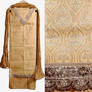 BEIGE BANARASI BROCADE SILK INDIAN SALWAR KAMEEZ SUIT w LACE MATERIAL LADIES DEN - Picture 1 of 3