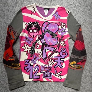 Custo Barcelona Top Womens S Pink Colorful Graphic Long Sleeve Y2K Art V Neck - Picture 1 of 12