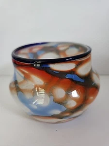 Hand Blown Art Glass Vase Blue Orange White Swirl - Picture 1 of 3
