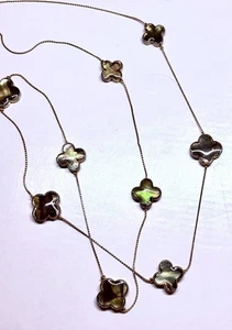 Quatrefoil Station Necklace Double Sided Yellow Gold Plate 36” L. MOP - Picture 1 of 7