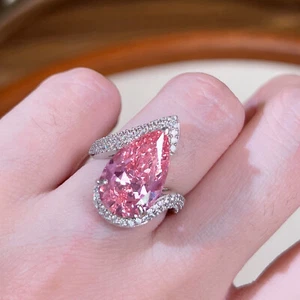 New Waterdrop Shape Shinny Pink Topaz Gemstone Silver Women Girls Charm Rings - Picture 1 of 6