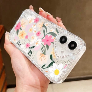 For iPhone 16 Pro Max 16e 15 14 13 12 11 Bling Diamond Soft Flower Case Cover - Picture 1 of 18