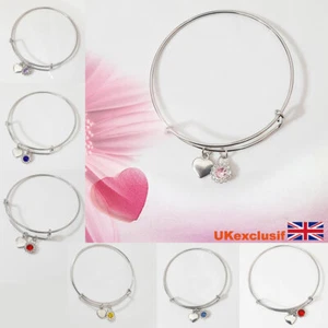 Gorgeous Adjustable Silver Bracelet Bangle Women Heart Rhinestone Charms Gifts - Picture 1 of 8