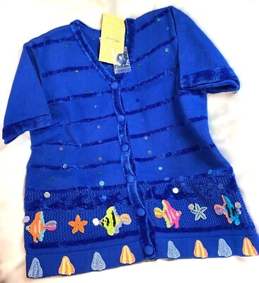 The Quacker Factory Cardigan L Short Sleeve Vintage NWT  Applique Blue - Image 1 of 4