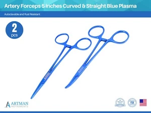 Artman Instruments Artery Forceps Set of 2 Curved & Straight 5 inches Blue Plasm - Picture 1 of 9